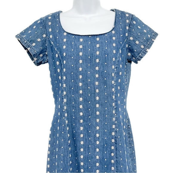Vintage Floral Embroidered Denim Jean Midi Dress Short Sleeve Made in USA Size 4 - Picture 4 of 9